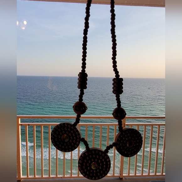 Artisan statement necklace wood brass studded studs disc's beads vintage boho - Picture 14 of 16